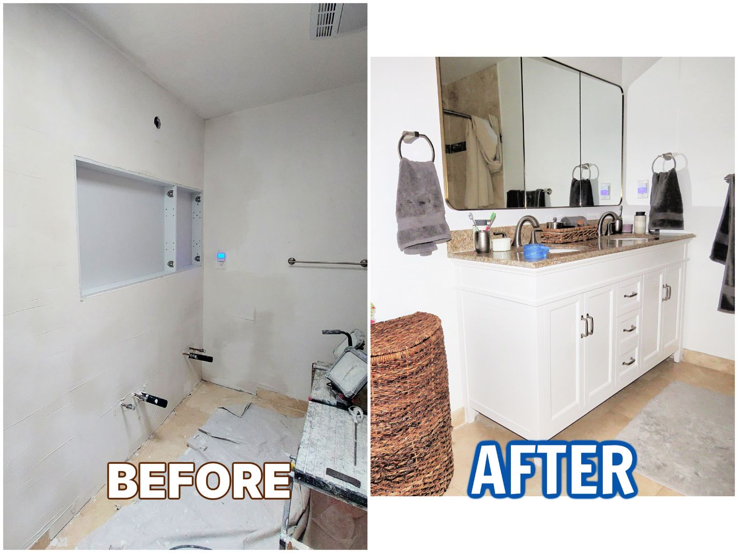 before and after picture of a bathroom remodel