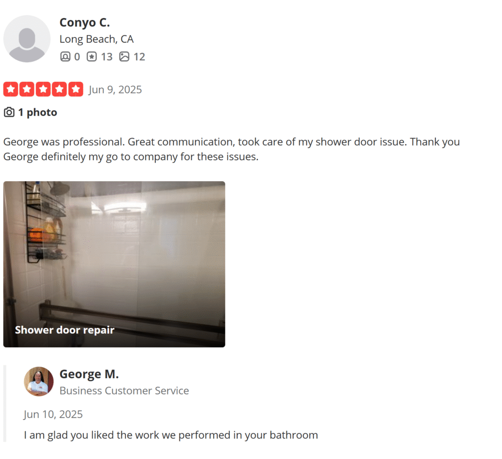 Yelp review image showing a shower door repair project completed by GR Repair & Maintenance in Long Beach, CA.