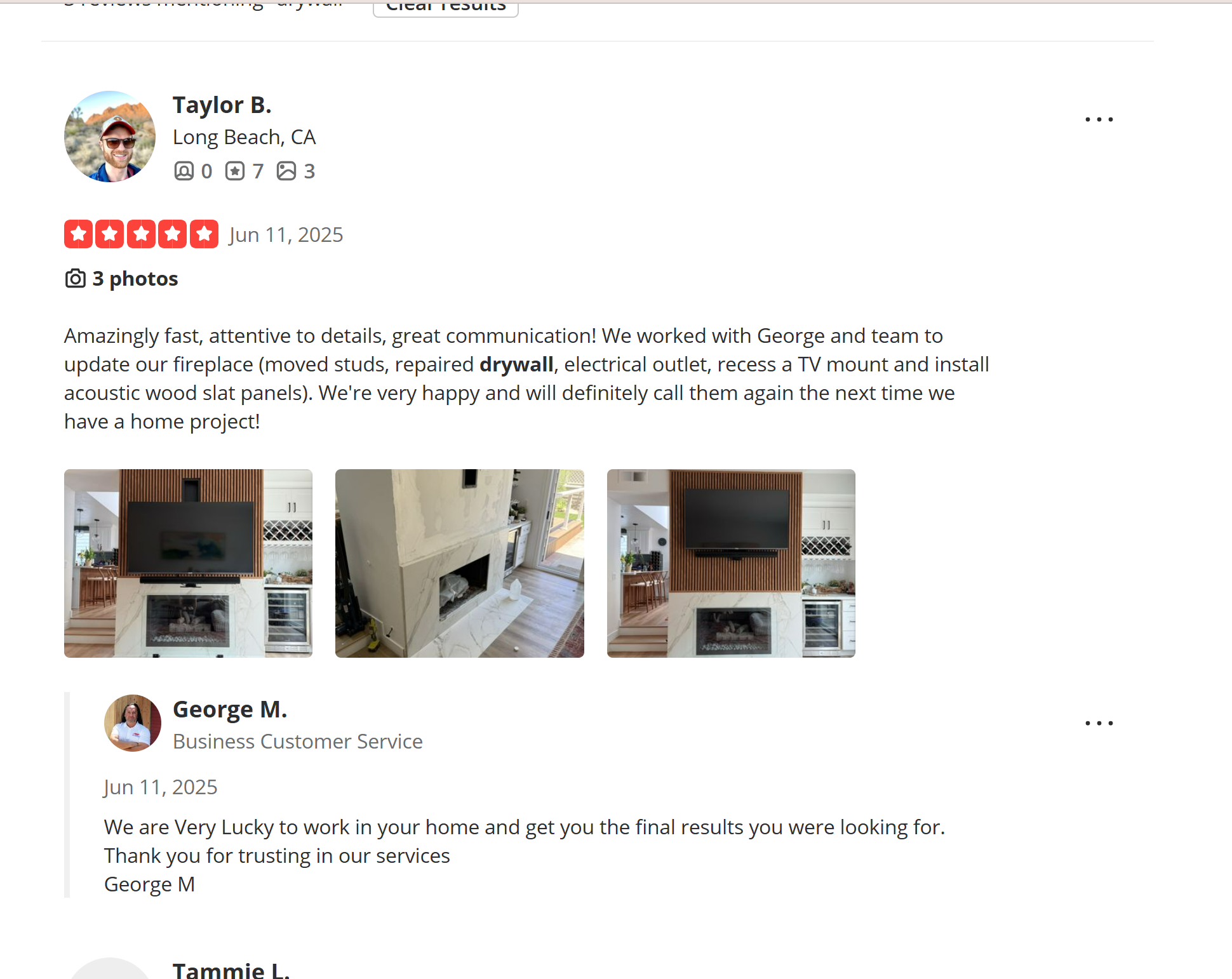 Drywall repair and TV mount project in Long Beach by GR Repair & Maintenance – client praised attention to detail, clean results, and professional communication.