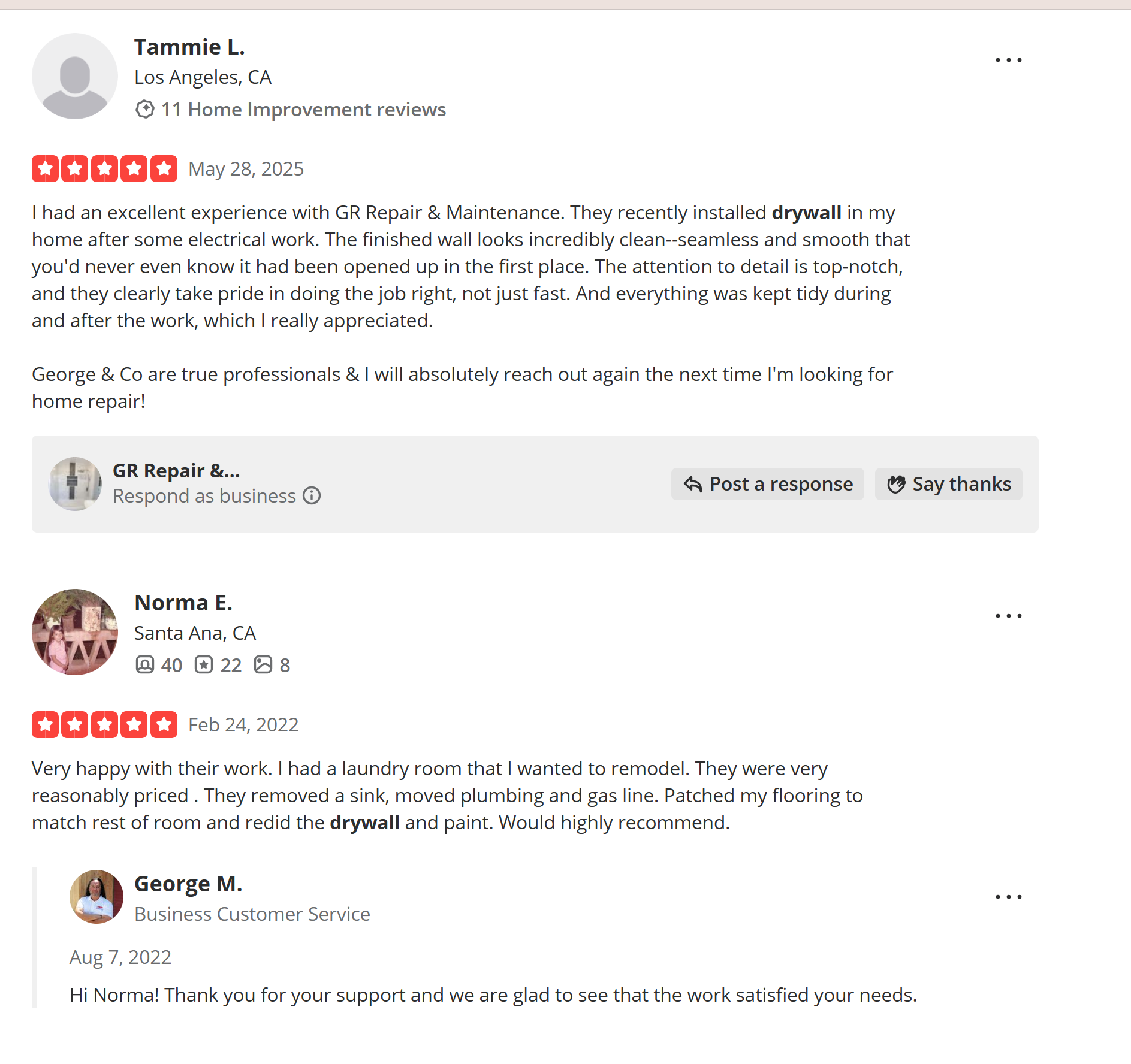 Yelp reviews praising GR Repair & Maintenance for drywall work in Los Angeles and Santa Ana homes, highlighting clean results, detailed finishes, and professional communication.