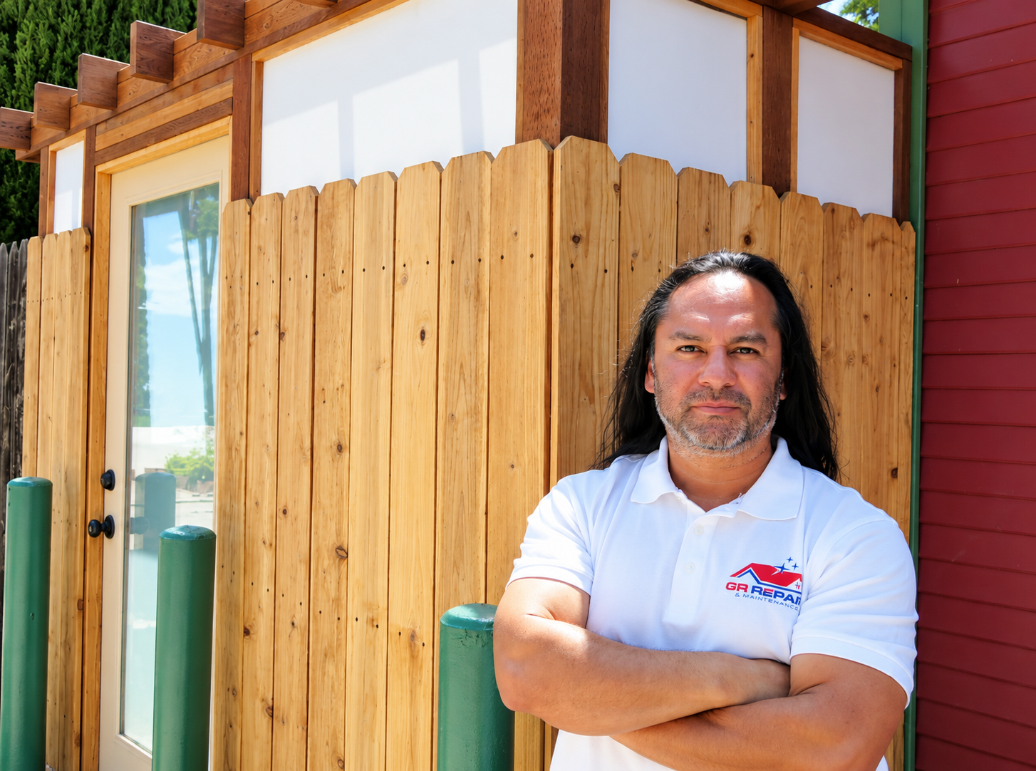 Custom Wood Fence Project - GR Repair & Maintenance George, owner of Repair & Maintenance, in front of a custom wood fence and concrete protective posts completed by GR REPAIR & MAINTENANCE