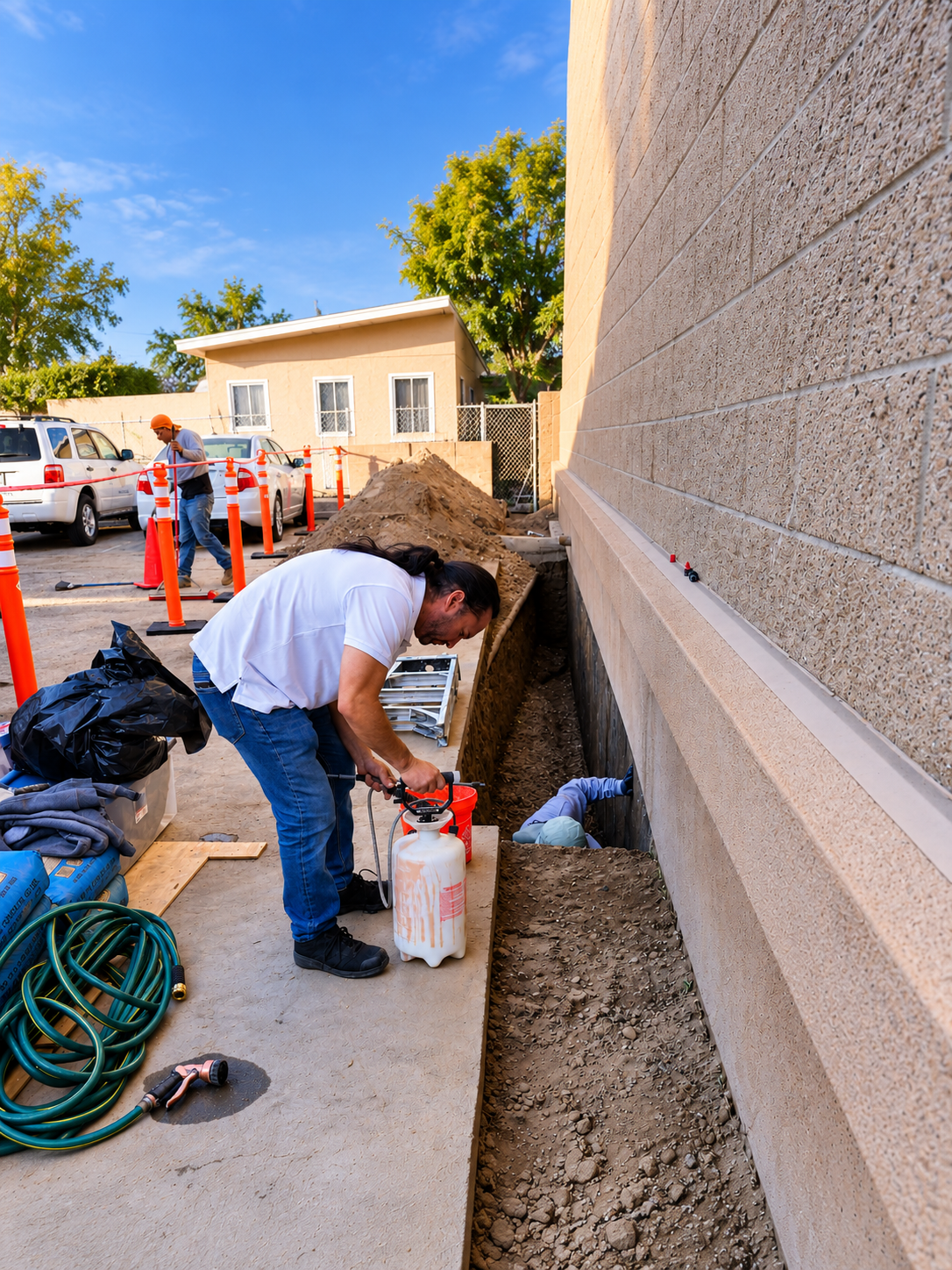 GR Repair & Maintenance crew performing commercial foundation waterproofing to help prevent rainwater intrusion